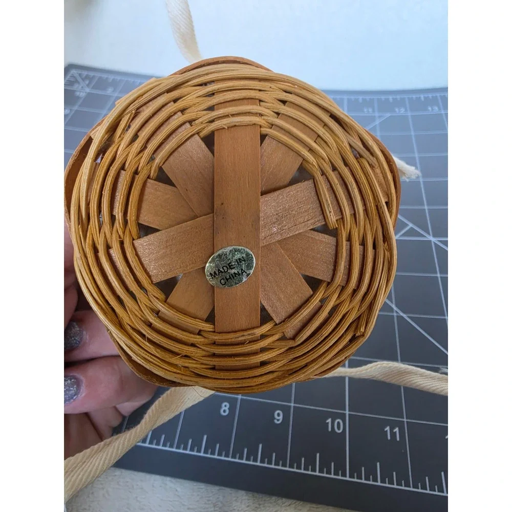 Miniature Woven Wood Basket with Handle and Cream Fabric Liner Small Decor